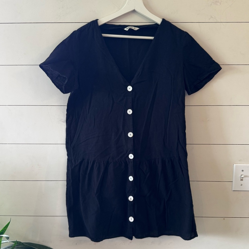 Stradivarius Black Button Up Short Sleeve Mini Dress Size Large